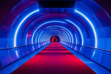 Futuristic neon tunnel with glowing blue lights and red carpet creating sci-fi atmosphere and modern digital design concept
