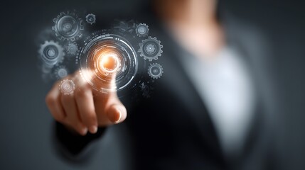 Businesswoman standing with extended hand towards holographic smart automation dashboard, glowing artificial intelligence elements