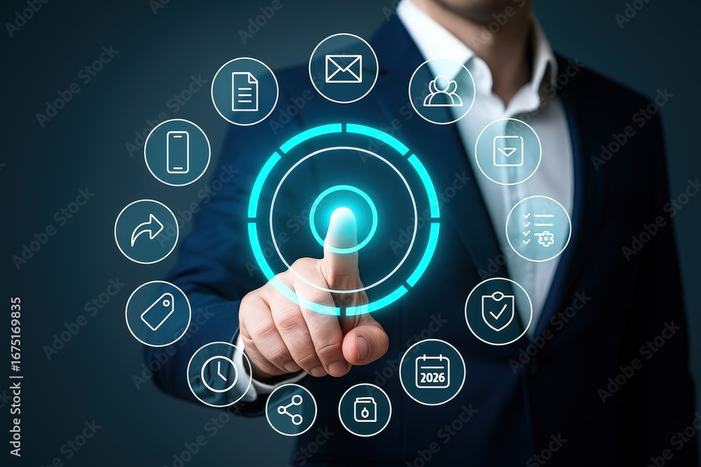 Poster a person interacts with a futuristic, interactive interface, highlighting various digital tools and 