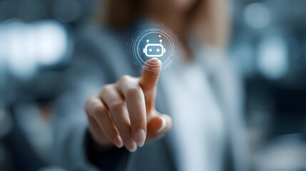 Hand pushing a chat button on a smart virtual touch screen interface.