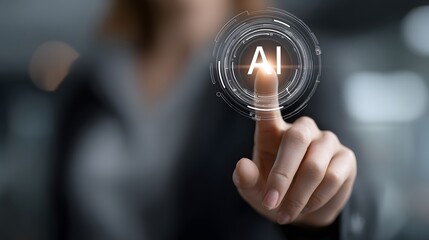 Businesswoman touching an AI button on a virtual interface. Artificial intelligence, technology, and digital innovation concept.