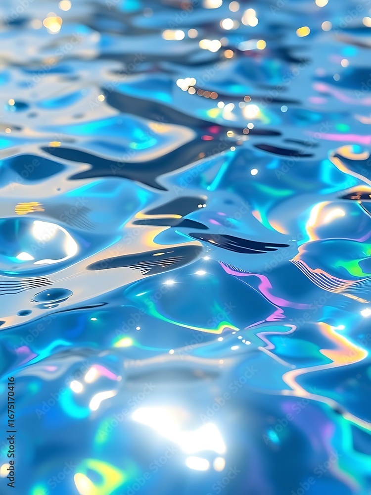 Poster close up of shimmering iridescent blue water surface with sparkling light reflections and gentle rip
