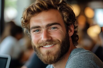 Close-up photo of smiling young man with a beard sitting in the office at the workplace, looking at the laptop screen while working efficiently, Generative AI