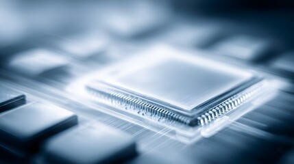 Close-up view of a microchip component on a circuit board, showcasing intricate details and a cool, technological aesthetic.