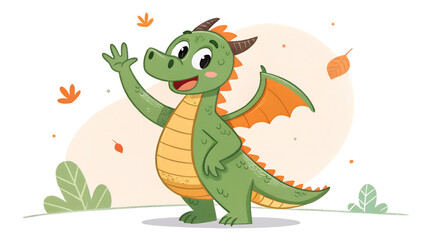 Cheerful green cartoon dragon waving hello with orange wings and leaves in a whimsical illustration