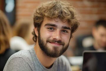 Close-up photo of smiling young man with a beard sitting in the office at the workplace, looking at the laptop screen while working efficiently, Generative AI