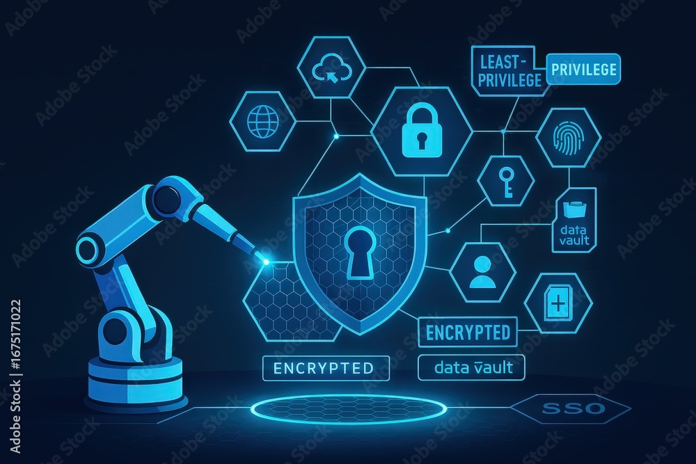 Poster a robotic arm interacts with a security shield, highlighting data protection and encryption methods.