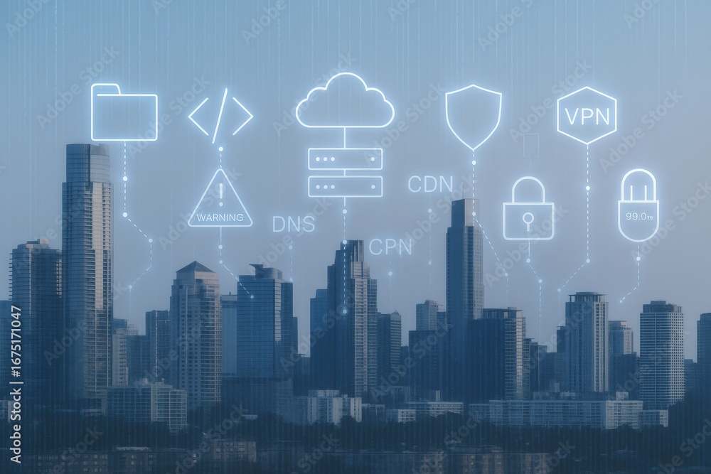 Aufkleber a cityscape backdrop overlaid with digital network icons displays various internet security elements