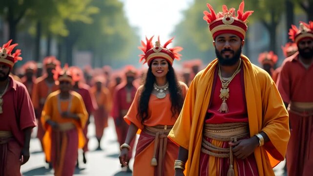 Vibrant Labour Day Cultural Parade: Diverse Traditions, Colorful Costumes & Dynamic Processions - Premium Photo Stock Imagery for Community Engagement - Left Space
