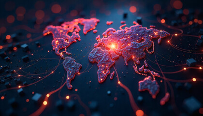 Abstract Futuristic World Map with Glowing Digital Network and Connectivity Lines - A High-Tech Concept of Global Data and AI