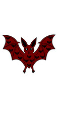 A dark red and black bat illustration with wide wings, decorated with multiple smaller bat silhouettes inside its body and wings.