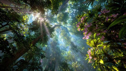 Fototapeta premium Lush jungle canopy, sunbeams pierce the dense foliage