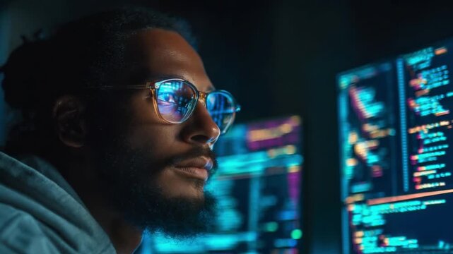 Programmer coding late at night, multiple monitors displaying code, neon lights reflecting in glasses, dark room ambiance.