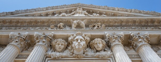 Architectural Detail Of An Ancient Temple Showing Stone Carvings And Columns Against A Blue Sky