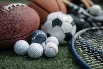 Assorted Sport Balls and Equipment Composition on Artificial Green Grass Surface for Recreational Activities and Healthy Lifestyle