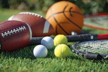Assorted Sport Balls and Rackets on Green Grass Lawn under Natural Sunlight for Outdoors Sports and Recreation Activities
