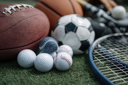 Assorted Sport Balls and Equipment Composition on Artificial Green Grass Surface for Recreational Activities and Healthy Lifestyle