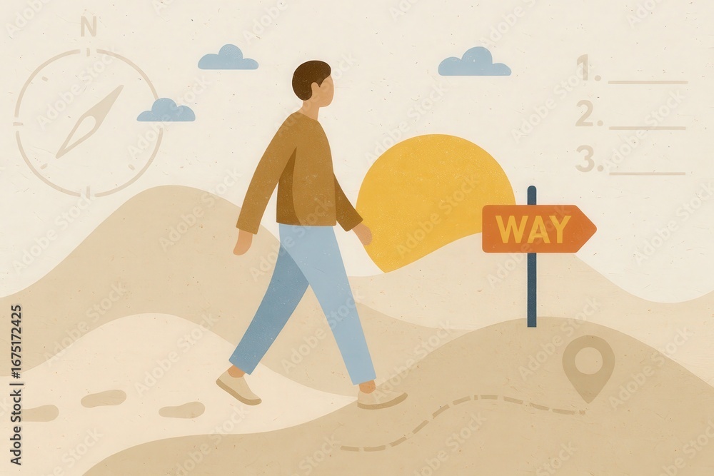 Poster a person walks a path with a directional sign, signifying a journey and a set of goals.