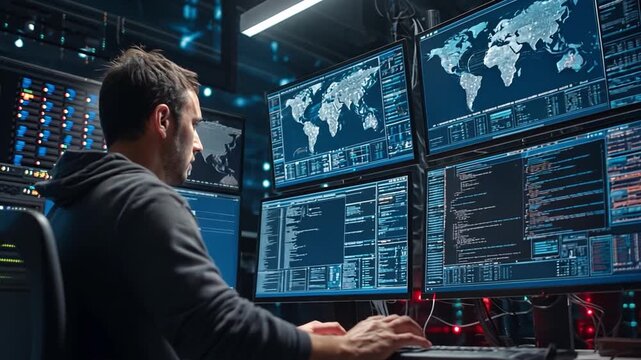 Security analyst working late at a data center, screens showing code and threat maps, cables and server towers illuminated.