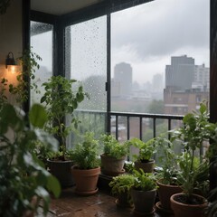 Fototapeta premium 비오는날베란다정원풍경