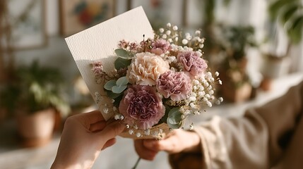 Hand - Held Bouquet of Pastel - Colored Carnations with Eucalyptus and Baby's Breath for Copy Space, Isolated Background