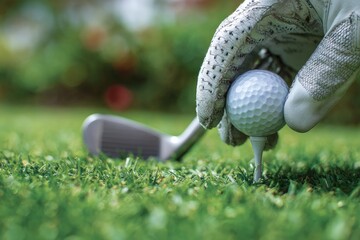 Close Up Of A Hand With Golf Glove Holding Golf Ball On Tee With Club And Green Grass Background