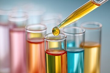 Close Up of Pipetting Yellow Liquid into Test Tubes with Various Colored Solutions for Scientific Research