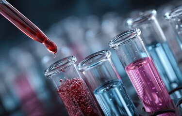 Close Up of Test Tubes with Colorful Liquids Being Analyzed in a Research Laboratory for Scientific Experiments