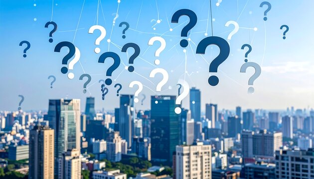 Question marks above city skyline