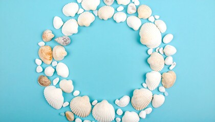 Obraz premium Seashells and stones circle on blue background (1)