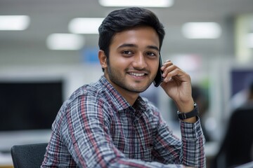 Portrait of young Indian businessman, office worker sitting at a desk and talking on the phone, smiling and looking at the camera while discussing a business deal, Generative AI