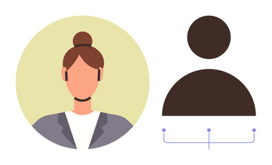 Businesswoman avatar in a circle alongside a simplified user profile icon with connecting nodes. Ideal for user account, networking, digital identity, profiles, HR systems, social media