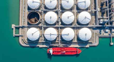 Aerial view of oil storage tank farm and ship in the sea from above