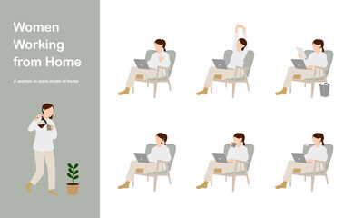 在宅ワークの女性セット/ Women Working from Home Sitting on Chair