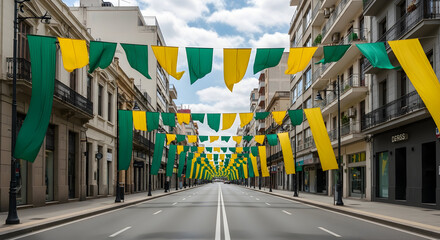 Naklejka premium Festive Street Decorated with Colorful Flags.