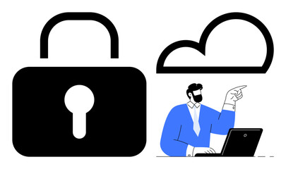 Large lock, cloud shape, and professional working on a laptop represent cloud data security, access control, and IT expertise. Ideal for technology, security, business, IT strategy privacy data