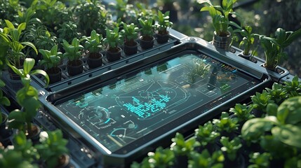 Tablet screen reflects lush greenery in garden