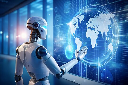 Futuristic Robot Interacting with a Holographic World Map in a Data Center - Powered by Adobe