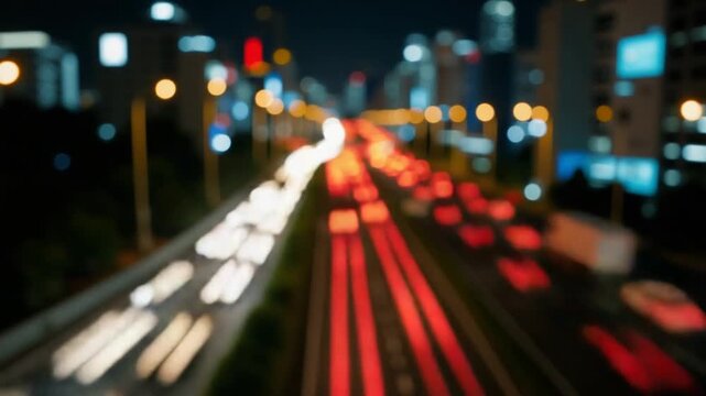 A night timelapse of miniature traffic jam on the city highway in Tokyo tilt