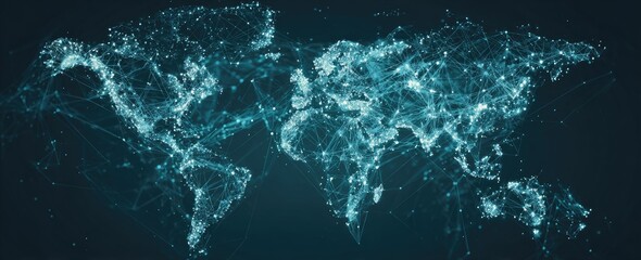 Glowing Azure World Map Depicting Global Connectivity and Digital Network in a Dark Background