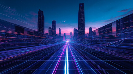 Futuristic AI-Powered City with a Luminous Data Stream and Neon-Lit Skyline - A Concept of Urban Technology and Connectivity.