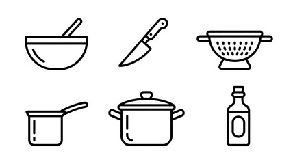 Kitchen utensils set cooking tools outline icons bowl knife pot colander bottle pan