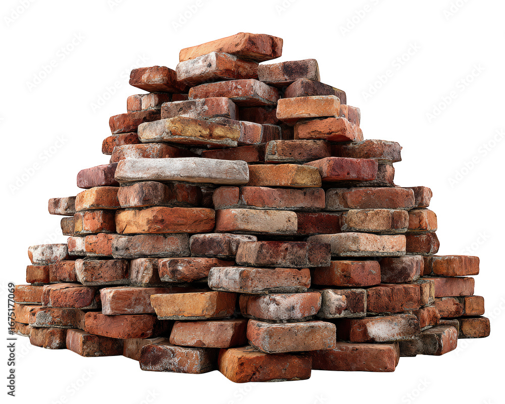 Poster pile of red bricks stacked in pyramid shape, construction material with rough texture, isolated on t