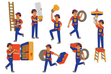 Electrician profession character working with electrical systems