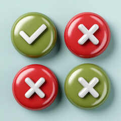 Fototapeta premium Green checkmark and red crosses on glossy buttons signify correct and incorrect choices, perfect for decision making and feedback