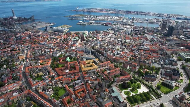 A panoramic Aerial view around the old town in the city of Aarhus in Denmark on s sunny summer noon