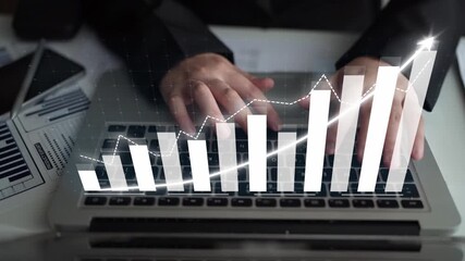 A businessman analyzes financial data using a laptop, showcasing growth graphs and charts, highlighting progress and trends in a modern office environment. Copula - Powered by Adobe
