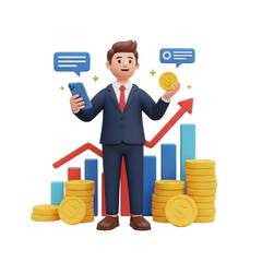 3d icon of businessman with coins and financial graph isolated on transparent background