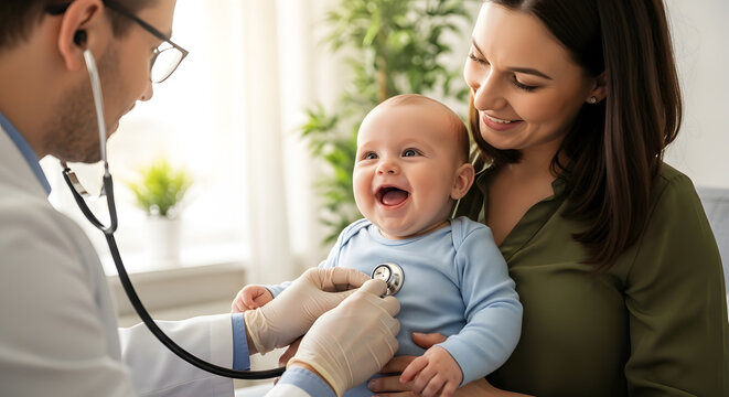 Doctor examining a happy baby with stethoscope, mother holding the child
