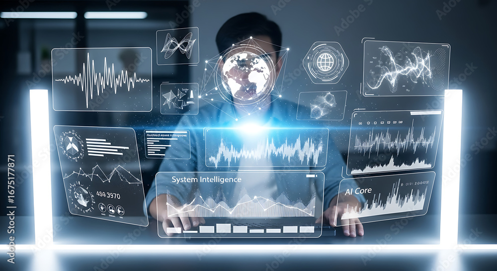 Aufkleber man interacting with futuristic holographic interface displaying data and global network information